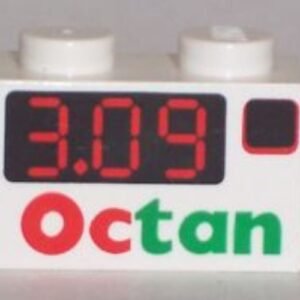 3004px1 – Brick 1 x 2 with Red Digital ‘3.09’ on Black Rectangle, Octan Logo Pattern