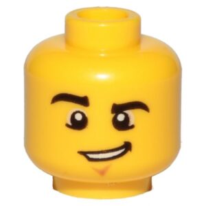 3626cpb0857 – Minifigure, Head Male Black Eyebrows, Raised Right Eyebrow, Chin Dimple, and Lopsided Grin with Teeth Pattern – Hollow Stud