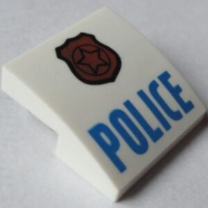 15068pb046b – Slope, Curved 2 x 2 x 2/3 with Copper Badge with Star and Black Outline, Blue 'POLICE' Pattern