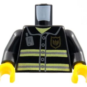 973pb0300c01 – Torso Fire Uniform Gold Badge, Silver Reflective Stripes, Dark Bluish Gray Radio Pattern / Black Arms / Yellow Hands