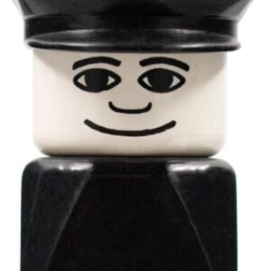dupfig002 – Duplo 2 x 2 x 2 Figure Brick Early, Male on Black Base, Black Police Hat, Wide Smile