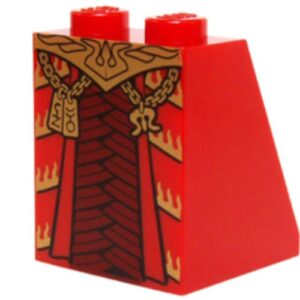 3678bpb076 – Slope 65 2 x 2 x 2 with Bottom Tube with Minifigure Dress / Skirt / Robe, Dark Red Armor and Gold Belt, Chains and Pendants Pattern