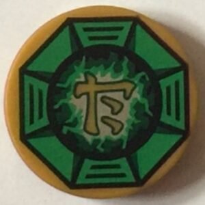 14769pb143 – Tile, Round 2 x 2 with Bottom Stud Holder with Airjitzu Lightning Symbol in Green Octagon Pattern
