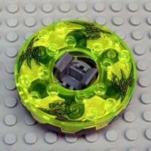 bb0549c10pb01 – Turntable 6 x 6 x 1 1/3 Round Base Serrated with Trans-Neon Green Top and Green with Red Spots Pattern (Ninjago Spinner)