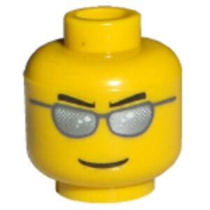 3626cpb0193 – Minifigure, Head Glasses with Silver Sunglasses, Black Eyebrows Pointed, Thin Grin Pattern – Hollow Stud