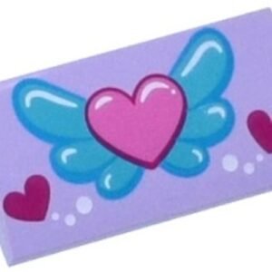 88930pb051 – Slope, Curved 2 x 4 x 2/3 with Bottom Tubes with Pink Heart on Blue Wings, White Circles and 2 Magenta Hearts Pattern