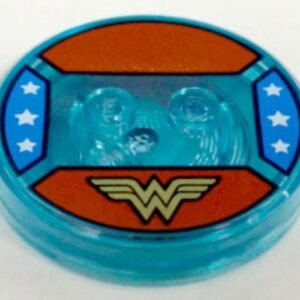 18605c01pb19 – Dimensions Toy Tag 4 x 4 x 2/3 with 2 Studs and Trans-Light Blue Bottom with Stylized Gold 'WW' Logo on Red Background, White Stars on Blue Background Pattern (Wonder Woman)
