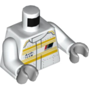 973pb3856c01 – Torso Racing Suit with Horizontal Yellow Stripes and 'Audi TEAM' on Front and Back Pattern / White Arms / Light Bluish Gray Hands