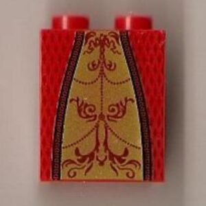 3678bpb021 – Slope 65 2 x 2 x 2 with Bottom Tube with Minifigure Dress / Skirt / Robe, Gold Panel with Dark Red Trim and Background Pattern