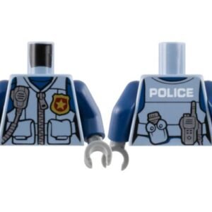 973pb3010c01 – Torso Female Police Flak Vest Closed with Silver Zipper and Gold Badge over Dark Blue Shirt, Radio, Canteen, White ‘POLICE’ on Back Pattern / Dark Blue Arms / Dark Bluish Gray Hands