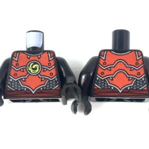 973pb3409c01 – Torso Ninjago Red Plate Armor and Belt, Silver Scale Armor, Lime Swirl Medallion Pattern / Black Arms / Black Hands