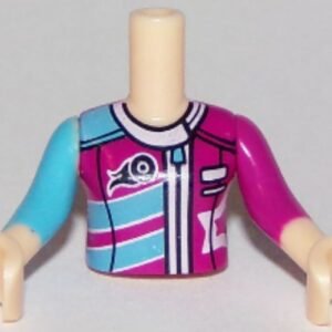 FTGpb201c01 – Torso Mini Doll Girl Magenta and Medium Azure Racing Jacket Pattern, Light Nougat Arms with Hands with Medium Azure Right Sleeve, Magenta Left Sleeve