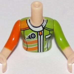 FTGpb203c01 – Torso Mini Doll Girl Lime and Orange Racing Jacket Pattern, Light Nougat Arms with Hands with Orange Right Sleeve, Lime Left Sleeve