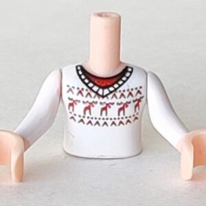 FTGpb034c01 – Torso Mini Doll Girl White Sweater Fair Isle with Red Moose Pattern, Light Nougat Arms with Hands with White Sleeves