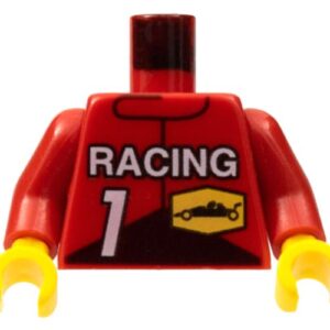 973pb0095c01 – Torso Race Driver with White ‘RACING’, Number 1, and Black Race Car on Yellow Hexagon Pattern / Red Arms / Yellow Hands