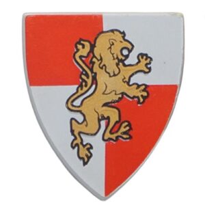 3846pb027 – Minifigure, Shield Triangular  with Gold Lion on Red and White Quarters Background Pattern