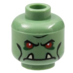 3626bpb0280 – Minifigure, Head Alien Troll with Red Eyes, Black Eyebrows and Cheek Lines, Dark Green Eye Shadow, and Frown with Tan Lower Fangs Pattern – Blocked Open Stud