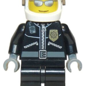 cty0027a – Police – City Leather Jacket with Gold Badge and 'POLICE' on Back, White Helmet, Trans-Brown Visor, Silver Sunglasses