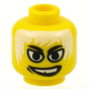 3626bpb0055 – Minifigure, Head Male White Eyes, White Hair, White Teeth, Grin, Gap Tooth Pattern – Blocked Open Stud