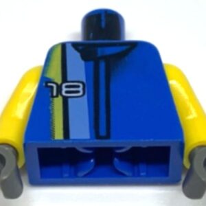 973pb0072c01 – Torso Racers White ’18’ on Medium Blue, Black, and Yellow Stripes Pattern / Yellow Arms / Dark Gray Hands