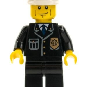 cty0095 – Police – City Suit with Blue Tie and Badge, Black Legs, Vertical Cheek Lines, Brown Eyebrows, White Hat