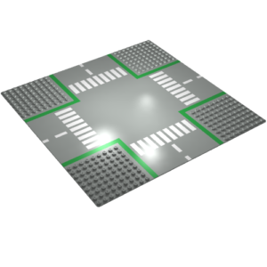 607p01 – Baseplate, Road 32 x 32 9-Stud Crossroads with Road Pattern