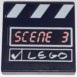 3068px5 – Tile 2 x 2 with 'SCENE 3' and White 'LEGO', Check Mark and Stripes Film Slate Pattern