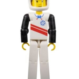 tech039a – Technic Figure White Legs, White Top with Red Stripes Pattern, Black Arms, White Helmet (Skier)