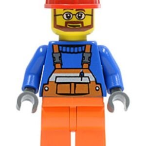 cty0096 – Overalls with Safety Stripe Orange, Orange Legs, Red Construction Helmet, Beard and Glasses