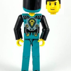 tech013a – Technic Figure Dark Turquoise Legs, Dark Turquoise Torso with Yellow, Black, Silver Pattern, Black Arms, Dark Turquoise Helmet, Black Visor