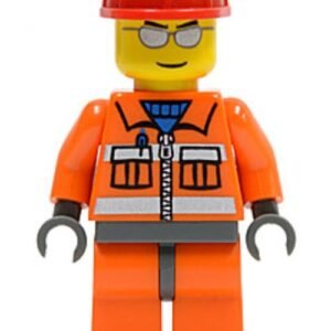cty0125 – Construction Worker – Orange Zipper, Safety Stripes, Orange Arms, Orange Legs, Dark Bluish Gray Hips, Red Construction Helmet, Silver Sunglasses