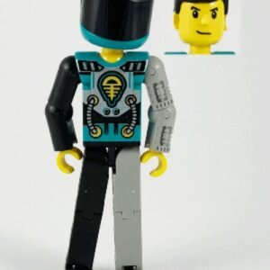 tech001a – Technic Figure Black/Light Gray Legs, Dark Turquoise Torso with Yellow, Black, Silver Pattern, Light Gray Mechanical Left Arm, Printed Helmet