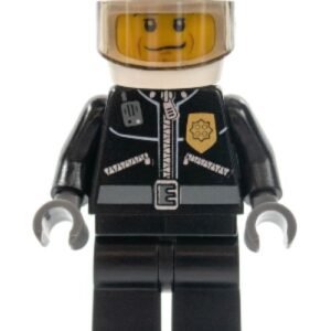 cty0242 – Police – City Leather Jacket with Gold Badge, White Helmet, Trans-Brown Visor, Black Eyebrows