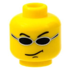 3626bpb0053 – Minifigure, Head Glasses with Small Black Sunglasses, Smirk Pattern (Snap) – Blocked Open Stud