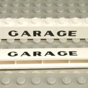 crssprt01pb12 – Brick 1 x 8 without Bottom Tubes with Cross Side Supports with Black ‘GARAGE’ Sans-Serif Thick Pattern, Plain ‘G’