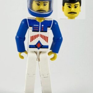 tech037a – Technic Figure White Legs, White Top with Red Arrow-Type Stripes Pattern, Blue Arms, Blue Helmet