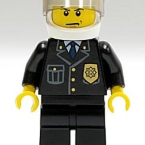 cty0013 – Police – City Suit with Blue Tie and Badge, Black Legs, White Helmet, Trans-Brown Visor, Scowl