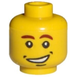 3626bpb0181 – Minifigure, Head Male Brown Eyebrows (Left Curved Down), Open Side Smile with Dimples Pattern – Blocked Open Stud