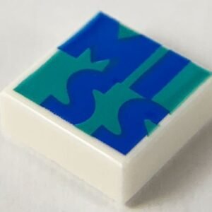 3070pb157 – Tile 1 x 1 with Blue 'MISS' on Dark Turquoise Background Pattern