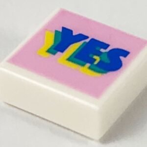 3070pb150 – Tile 1 x 1 with Blue, Green, and Yellow Layered 'YES' on Bright Pink Background Pattern