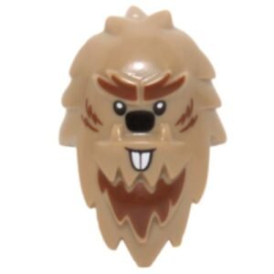 13809pb02 – Minifigure, Head, Modified Yeti, Shaggy Hair with Reddish Brown Fur, Black Nose, and White Beaver Teeth Pattern