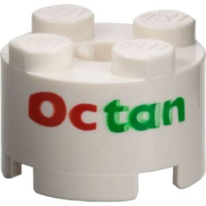 3941pb01 – Brick, Round 2 x 2 with Axle Hole with Red and Green &lsquo;Octan&rsquo; Pattern