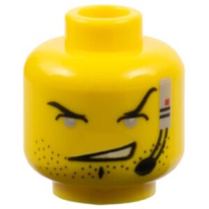 3626bpx51 – Minifigure, Head Male Black Eyebrows, Eyelids, Chin Dimple, and Stubble, Light Gray Eyes, Lopsided Open Mouth Smile, Headset with Microphone Pattern – Blocked Open Stud
