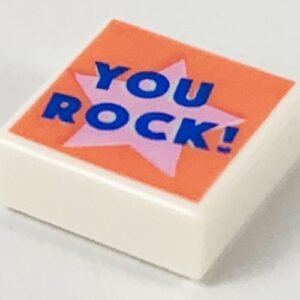 3070pb148 – Tile 1 x 1 with Blue 'YOU ROCK!' on Bright Pink Star on Coral Background Pattern