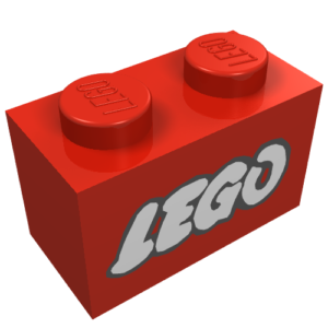 3004p50 – Brick 1 x 2 with LEGO Logo Open O Style White with Black Outline Pattern