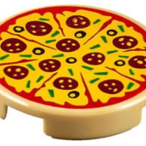 14769pb160 – Tile, Round 2 x 2 with Bottom Stud Holder with Sliced Pizza with Red Tomato Sauce, Yellow Cheese, Dark Red Pepperoni, Black Olives, and Green Bell Peppers Pattern