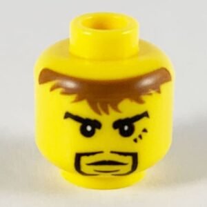 3626bpb0264 – Minifigure, Head Black Goatee, Messy Brown Hair, Cleft Chin, 3 Marks under Left Eye Pattern (Adric) – Blocked Open Stud