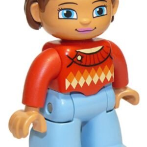 47394pb180 – Duplo Figure Lego Ville, Female, Medium Blue Legs, Red Sweater with Diamond Pattern, Reddish Brown Hair, Blue Eyes