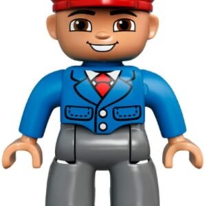 47394pb165 – Duplo Figure Lego Ville, Male, Dark Bluish Gray Legs, Blue Jacket with Tie, Red Hat, Smile with Teeth (Train Conductor) (6203758, 6273392)