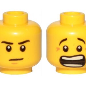 3626cpb1337 – Minifigure, Head Dual Sided Black Eyebrows, White Pupils, Brown Chin Dimple, Mouth Open Scared / Mouth Closed Stern Pattern – Hollow Stud